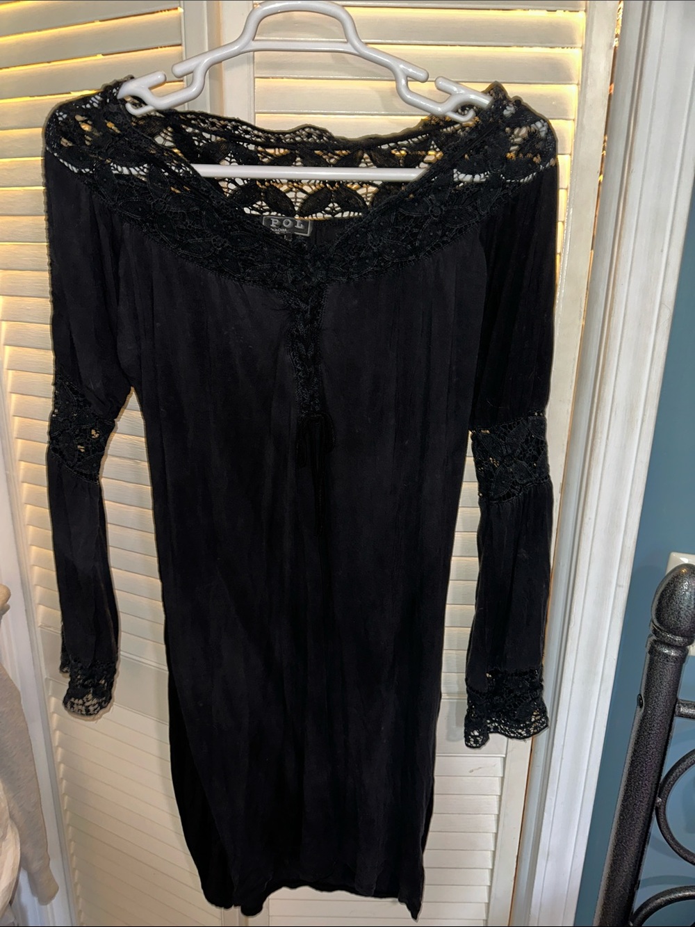 POL Black Long Sleeve Lace-Trim Dress